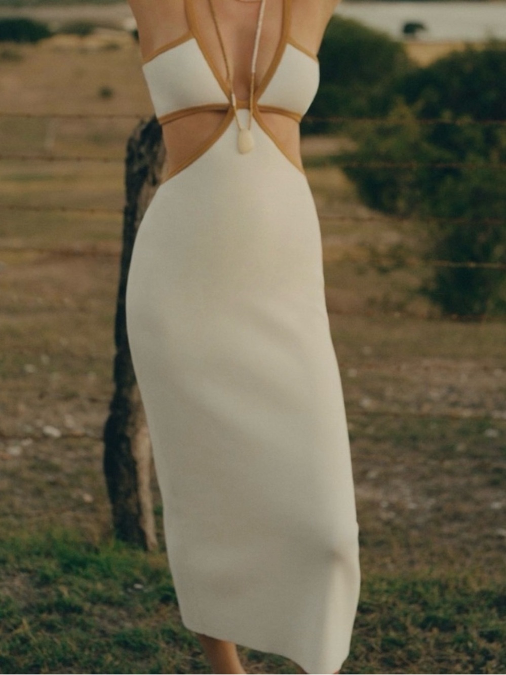 Significant Other Cream Midi Dress with Tan Accent and Cutout Waist